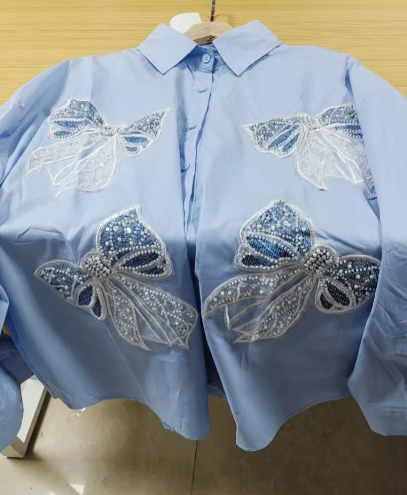 مشاعل مطرزة تصميم فاخر قمصان وبلوزات ملابس نسائية قمصان ملابس كورية شعبية أزرار حتى قميص نسائي طويل