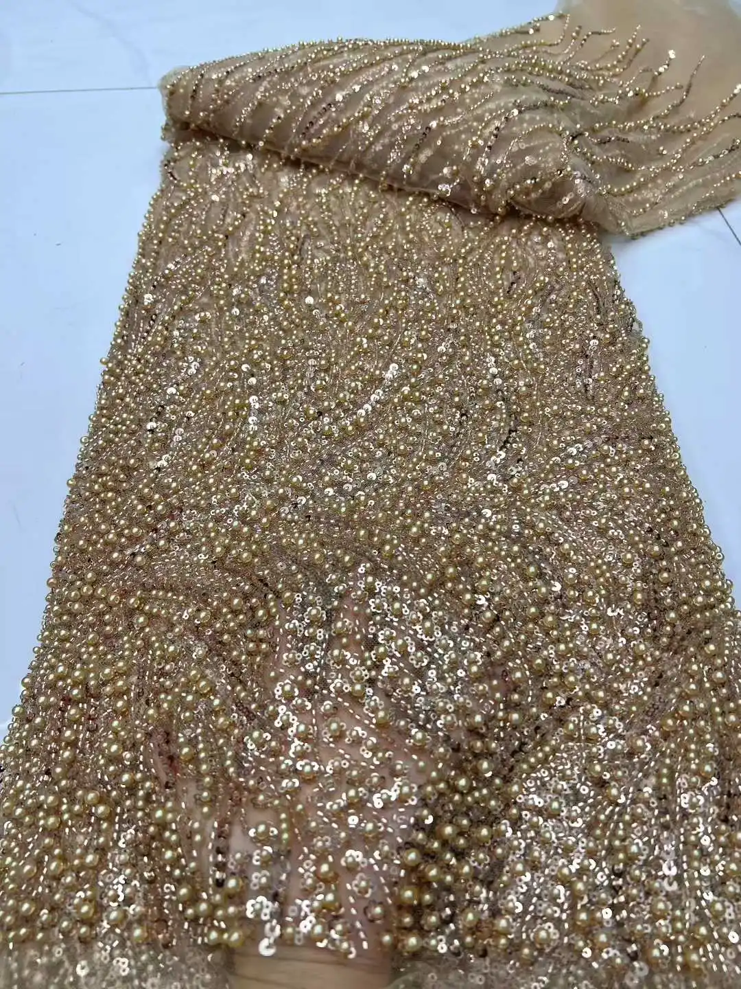 高級アフリカナイジェリア新郎スパンコールビーズレース生地 2025 高品質フレンチチュールレース生地ブライダルドレスパーティー