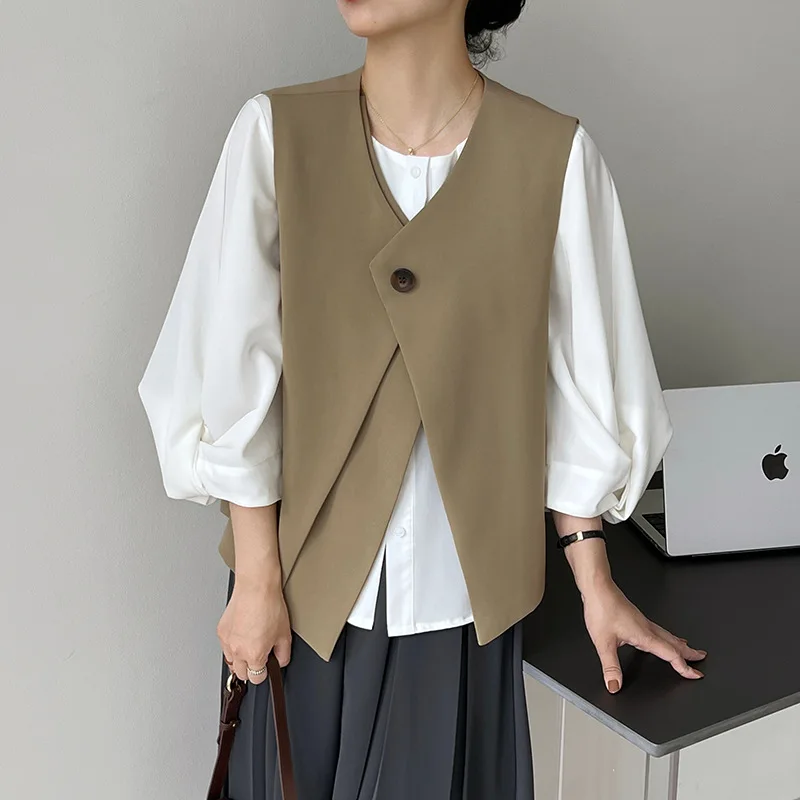 

2022 Fall Sleeveless Jacket for Women Elegant Vest for Ladies V-Neck One Button Korean Fashion Waistcoat Female Clothing908