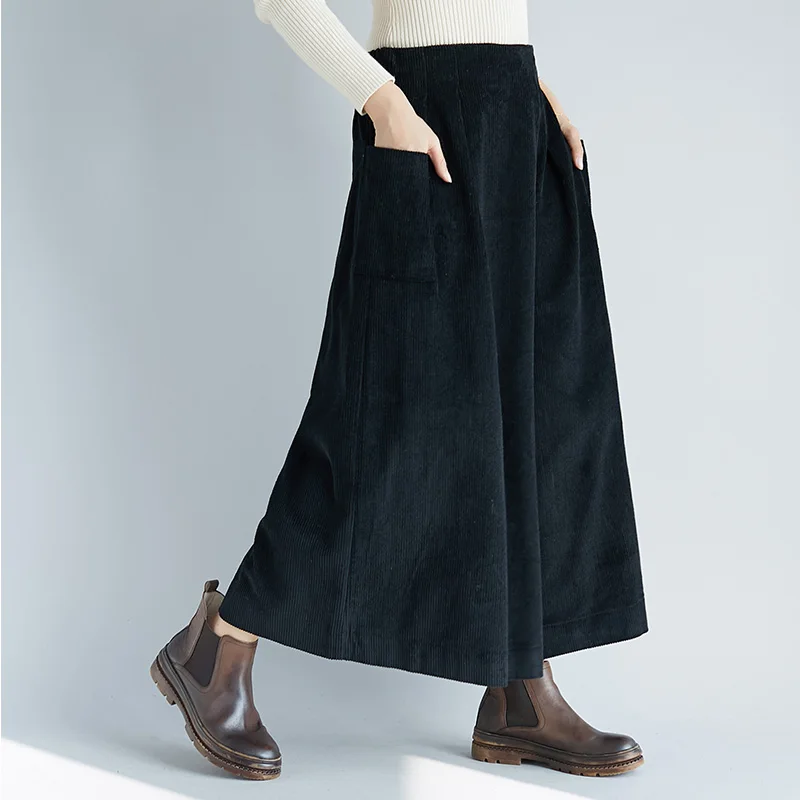 

2022 New Arrival Autumn Winter Women Casual Loose Vintage Ankle-length Pants Cotton Corduroy Elastic Waist Wide Leg Pants V843