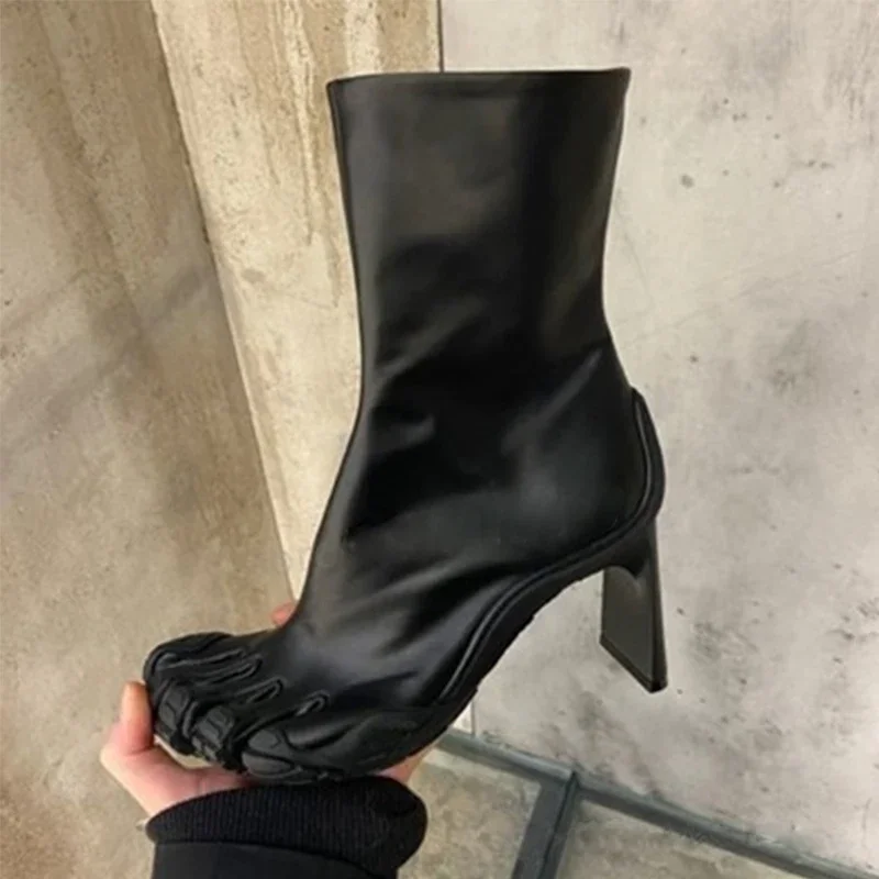 Pink Five Fingers High Toe Strange Boots Woman Winter 2025 Black Slip-On Shaped Heel Ankle Boot Fashion Shoes for Women