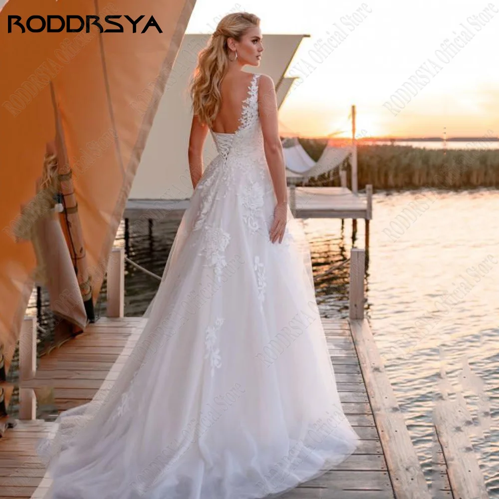 RODDRSYA gaun pernikahan klasik tali Spaghetti leher V renda Backless gaun pengantin Applique A-Line Tulle Vestidos De Novia