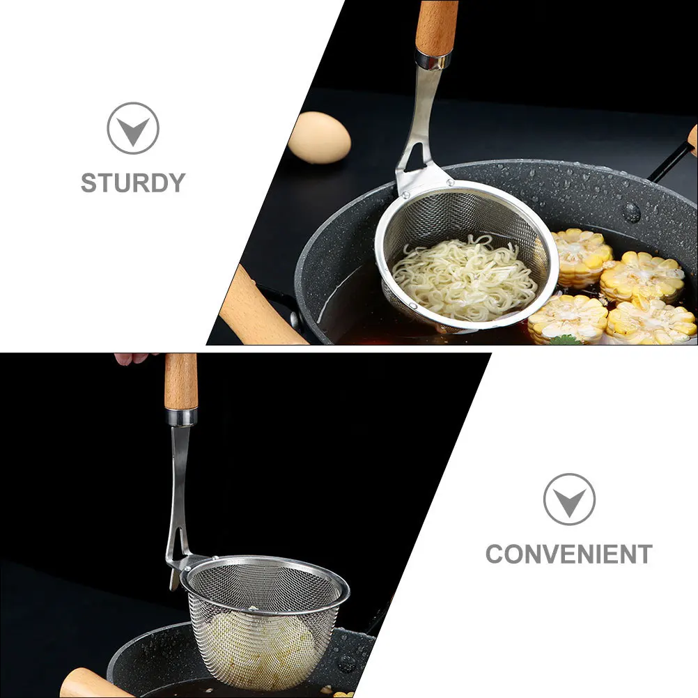 

Wood Handle Pasta Strainer Premium Stainless Steel Noodle Basket for Kitchen Cooking Drain Oil Noodles Vegetables French Fries