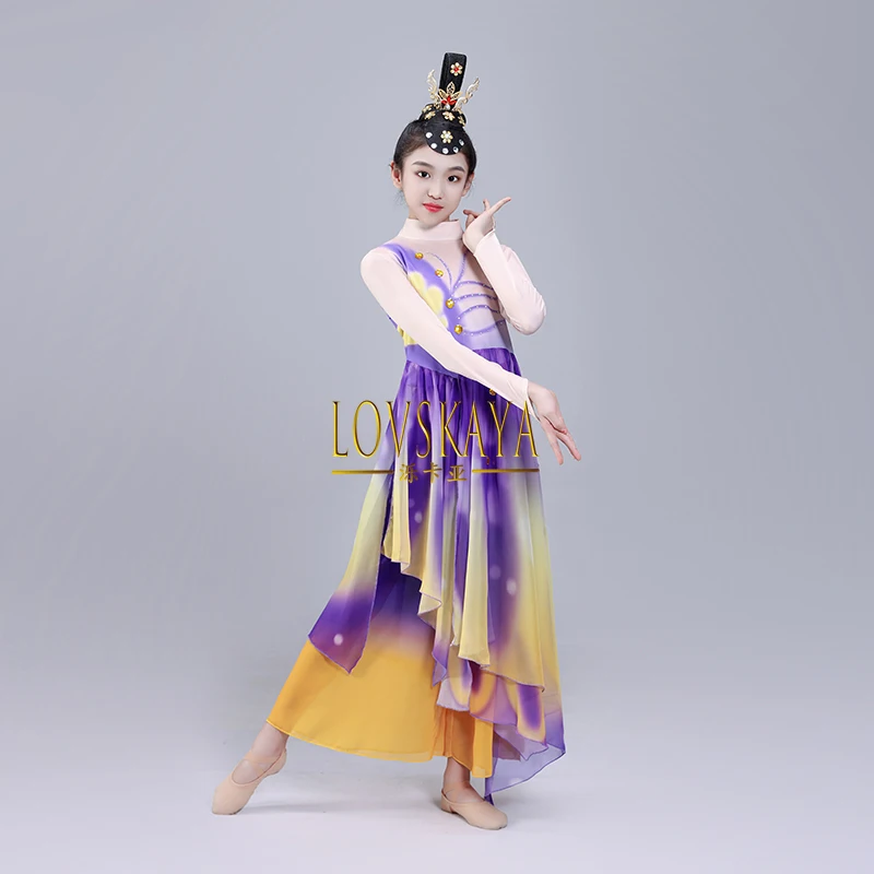 New children classical dance costumes women fan dance purple butterfly costumes