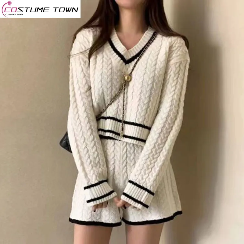 

Fashion Sweater Two-piece Set 2025 Spring Autumn New Korean V-neck Knitted Sweater Casual Shorts Women's Set