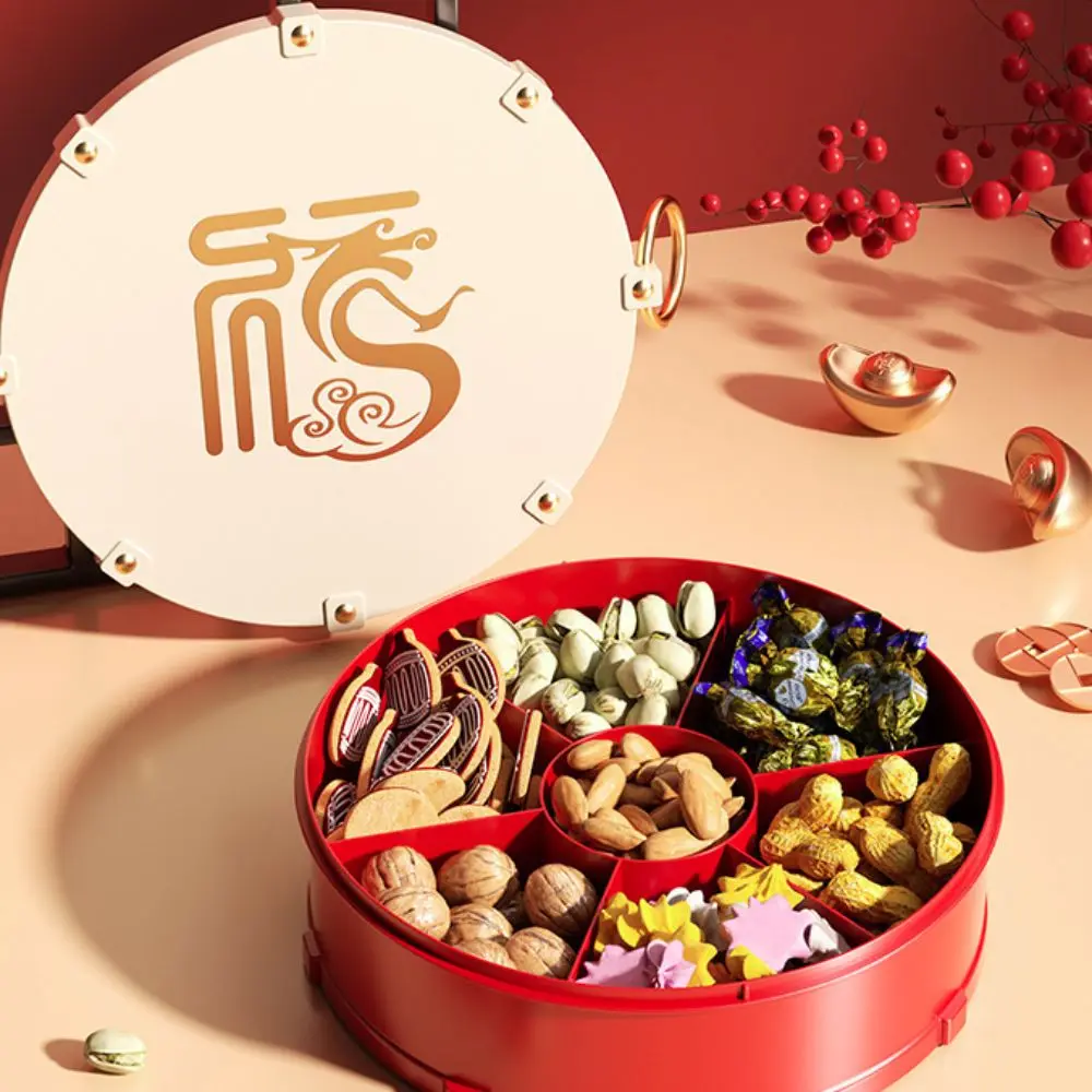 

Сервировочный поднос для гаек в форме барабана с 7 отделениями, пылезащитная круглая новогодняя коробка для конфет, герметичная тарелка для фруктов в китайском стиле для гостиной