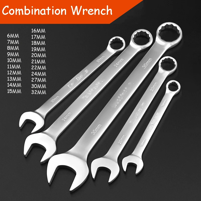 

6mm~32mm Combination Wrench Plum Blossom Open-End Wrench Set 45 Carbon Steel Hardware Tools Double Head Dull Plate Extension