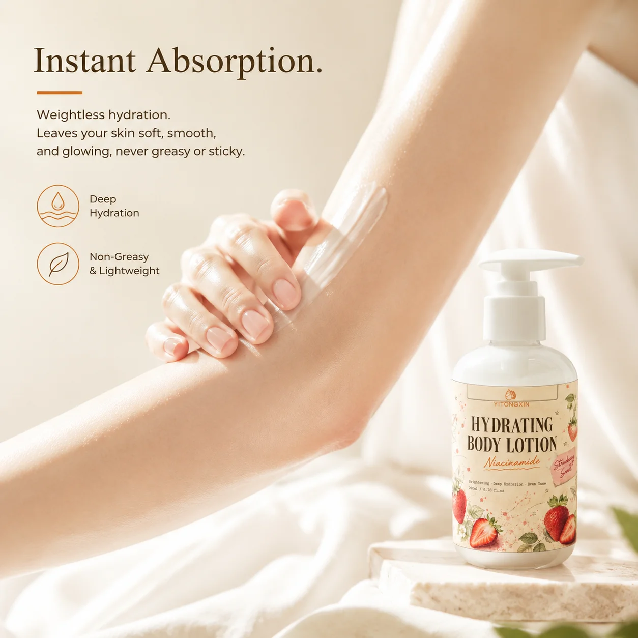 Hydrating Body Lotion Niacinamide Strawberry Scent, Brightening Moisturizer for Even Tone, Non-Greasy Fast Absorbing 200ml