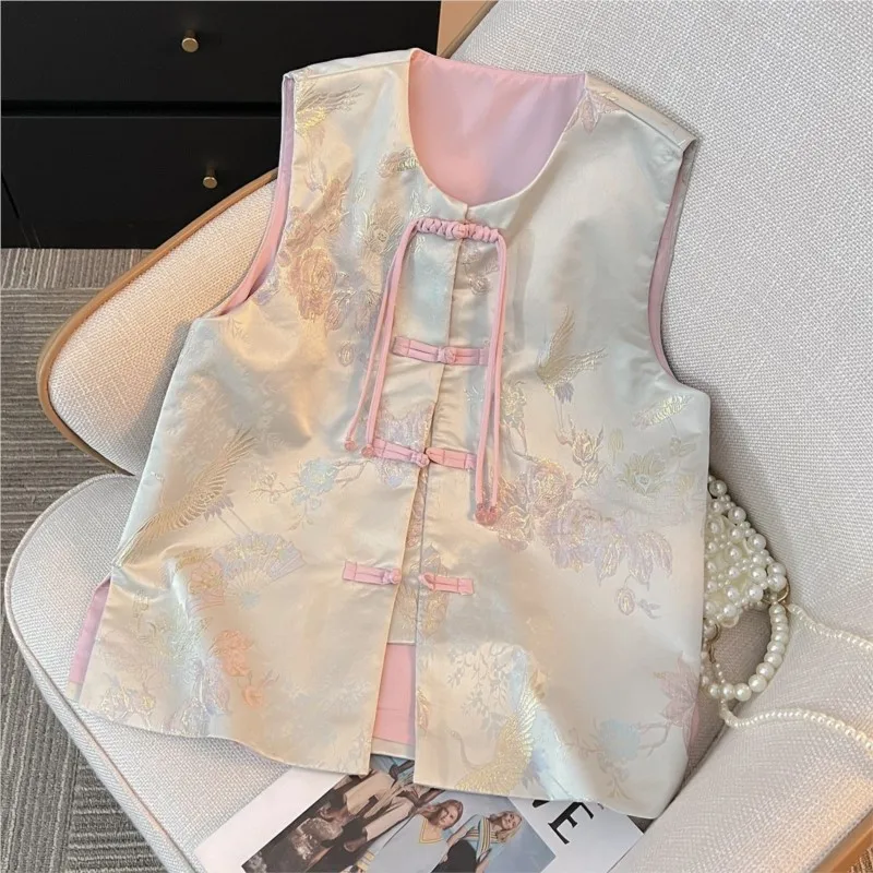 2026 Creative Girls' New Chinese Sleeveless Vest Student Kids' Spring Embroidery Improved Buckle Vest Children's Tank Top LI873