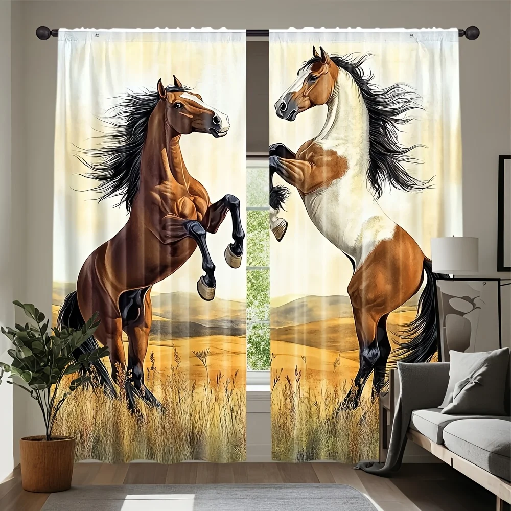 2PCS Animal Curtains, Horse Prairie Gallop Brown, Digital Print, Bedroom Living Room, Rod Pocket Polyester, Home Decor