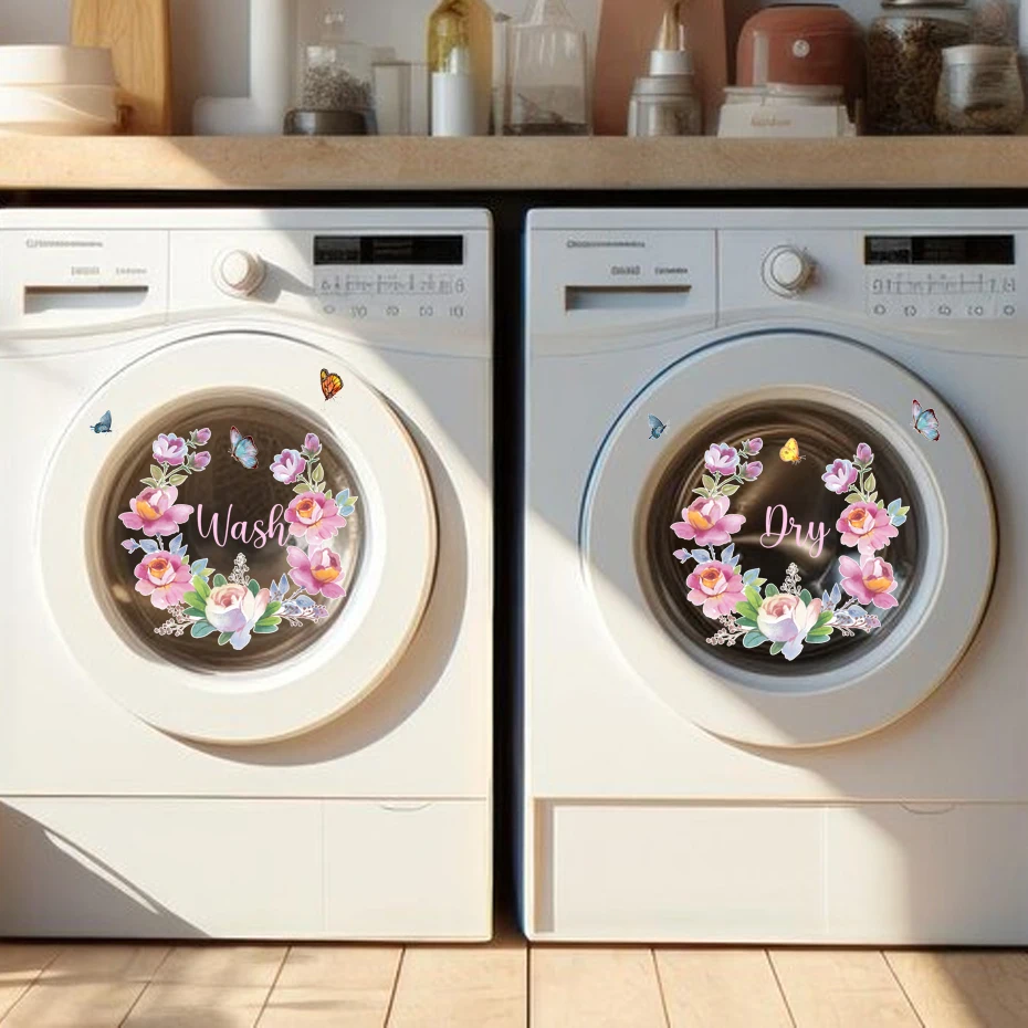 

Pink Flower Butterfly Wreath Wash&Dry Sticker PVC Vinly Decal Laundry Room Washing Machine Decoration Home Decor Peel and stick