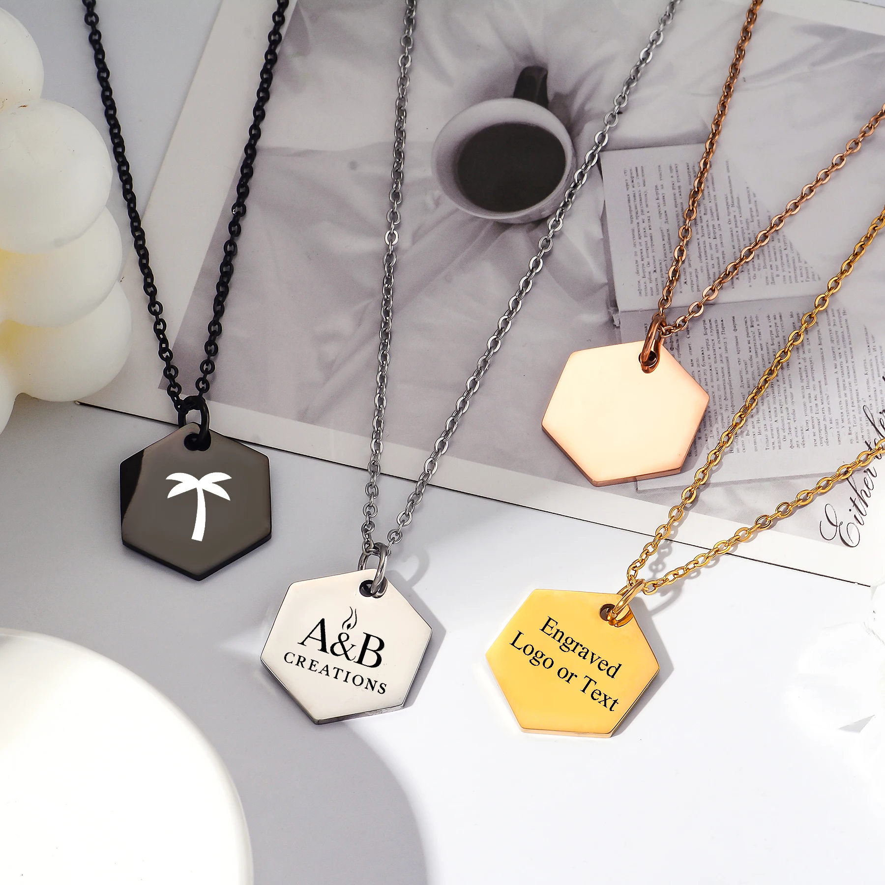 Personalized Custom Stainless Steel Hexagonal Pendants Engraved Text Images Locket Necklace Jewelry Dropshipping