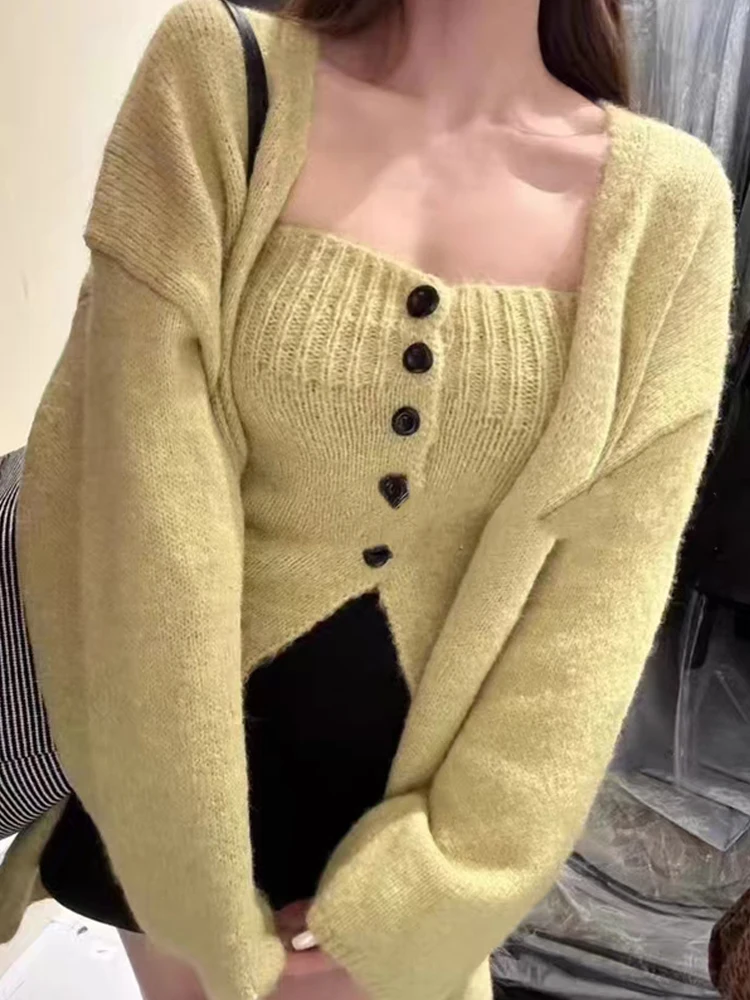 

Fall Winter Lazy Sle Outerwear Chic Women's Knitted Sweater Coat Two-Piece Set with Strapl Button-Up Base irt