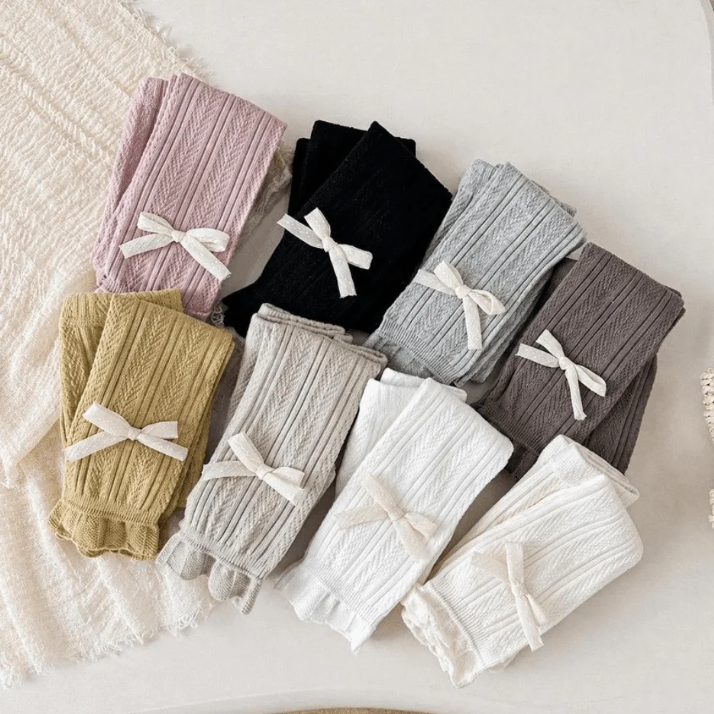Sweet Cotton Girls Outerwear Leggings Bow-decor Cable-knit Children Knit Pants Stretchy Soft Toddler Tights 1-6 Year Old