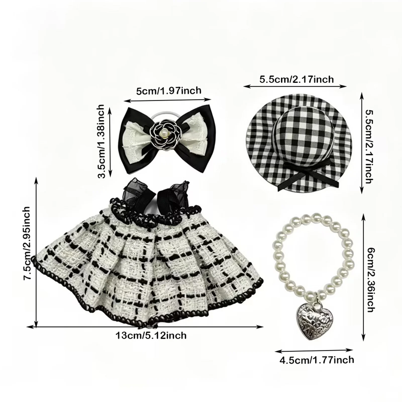 Desk Goose Outfit for 7inch Mini Goose Statue Princess Plaid Print Dress Matching Hat Pearl Necklace and Bowtie Set