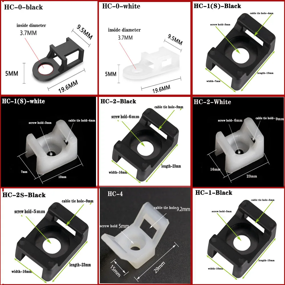 Saddle Cable ties base mount holder Wire Fixing Clamp Screw Holes mounter  HC-1 HC-2 Cable and Wire management cable organizer