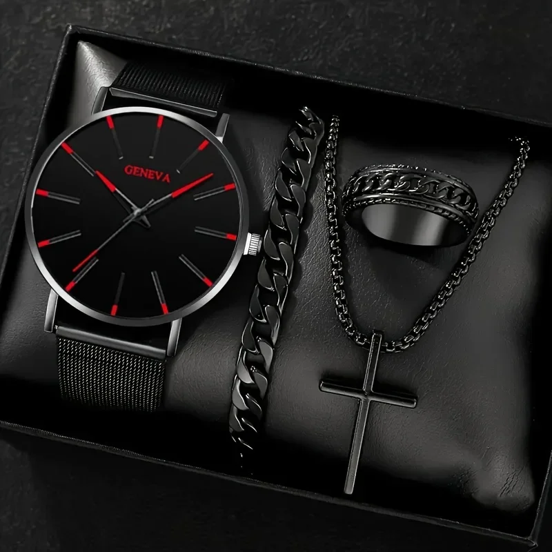 

Набор мужских кварцевых часов Женева - 4 водонепроницаемых часов в деловом стиле с черным циферблатом.