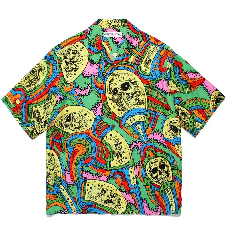 Trend Summer WACKO MARIA Full Print Sci-Fi Graffiti Cuban Neck Hawaii Short Sleeve Shirt Men's Women's Branded Shirts Tops
