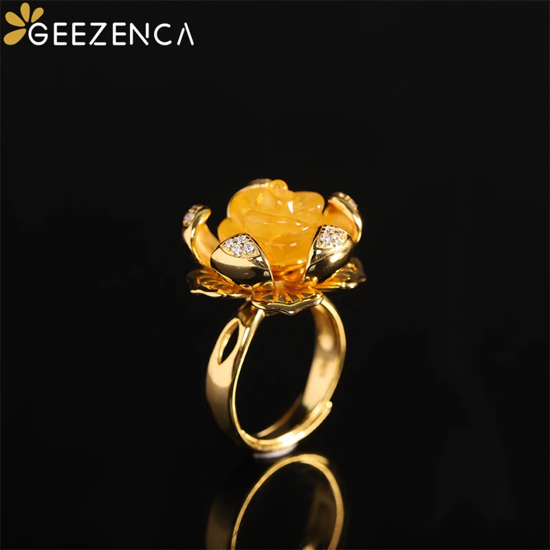 GEEZENCA 925 Sterling Silver Gold Plated Lotus Amber Rose Rings Zircon Cute Chic Rotatable Flower Resizable Ring 2023 New Gift