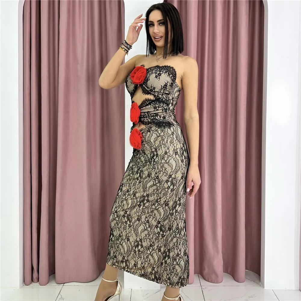 Sexy Lace Rosette Sleeveless Midi Dress Luxury Flower Hollow Out Split Open Back Patchwork Party Women Tassels Tube Dresses