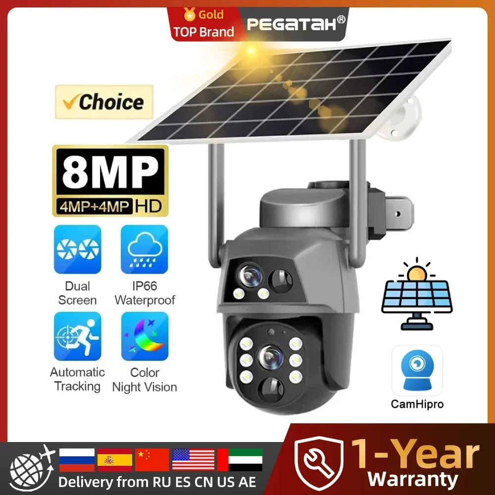 

PEGATAH 8MP 4G Solar Outdoor PTZ Camera 4K Dual Lens IP CCTV Security With Solar Panel Built in Battery PIR Motion Detection