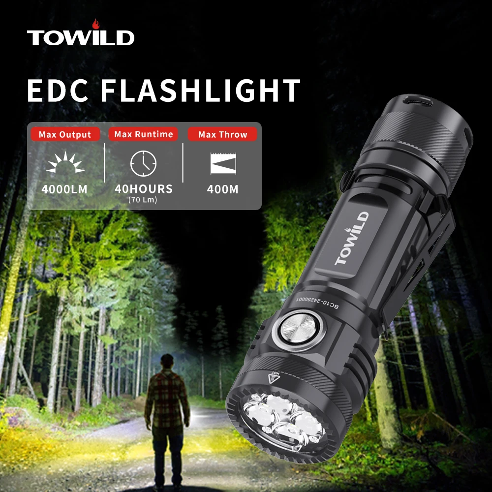 TOWILD BC10 EDC Flashlight Portable Rechargeable 4000lm IPX8 High Power Led Flashlight 21700 Torch For Camping  Outdoor Lighting