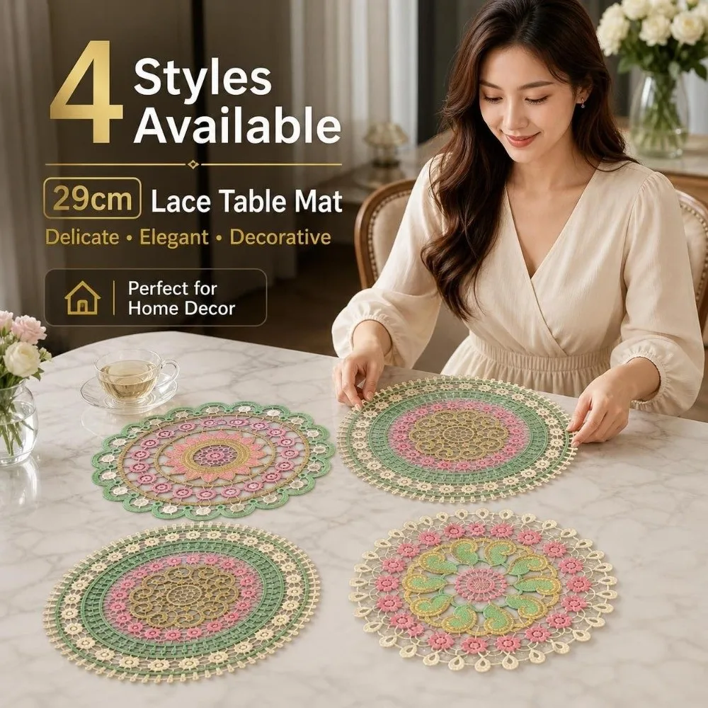 Embroidery Lace Doily Placemat Mandala Colorful Embroidered Table Doily Round Hollow Lace Coaster Table Cloth Wedding Banquet