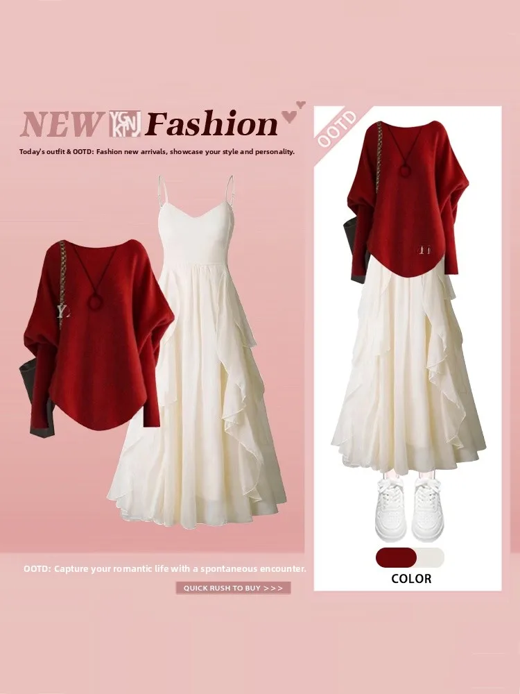 

New Year's Red Knitted Sweater And ter Dr Two-Piece Set Women's Winter Casual Sle Age-Defng Faion Ensemble