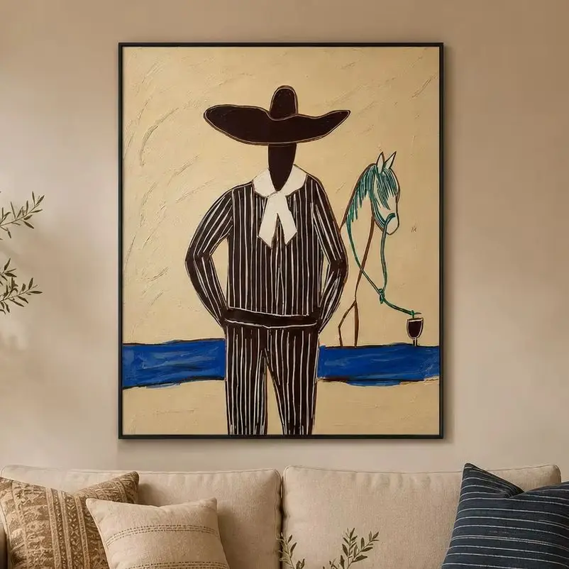 The Pinstripe Vaquero – Vintage Americana Cowboy with Horse Portrait Painting | Canvas Wall Print for Bedroom, Living Room
