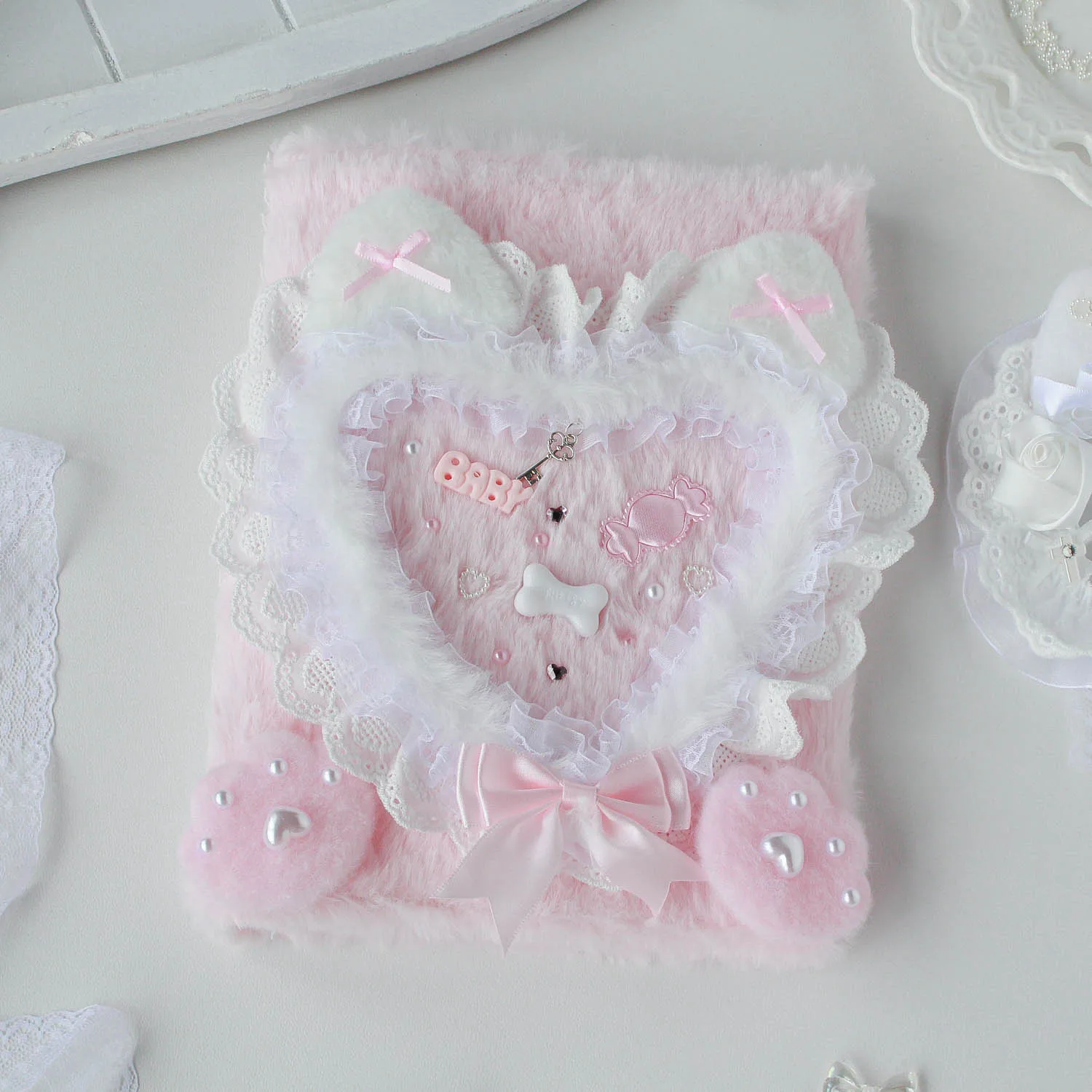 Kawaii Fluffy Cards Holder Binder A5 Lace Kpop Card Protectors Pink Album Book Toploader Plush Sweet Heart Cute Cat  Loose-leaf