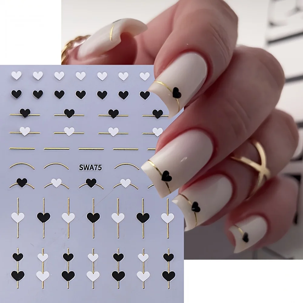 4 pezzi di adesivi per nail art di San Valentino, decalcomanie autoadesive a forma di cuore, decorazioni per unghie a tema amore con glitter in oro bianco nero