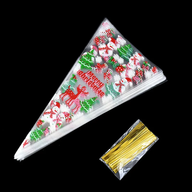 100pcs Christmas Transparent Package Cello Cellophane Snowflake Candy Cookie Cone Bag Wedding Favor Gift Bags Xmas Party Decor