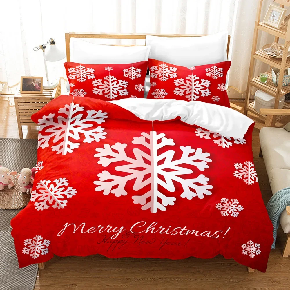 Winter Snowflakes Bedding Set Red Celebrate Christmas Home Decor Snow Elk Santa Claus 3D Printed Duvet Cover For Boy Girl Adult