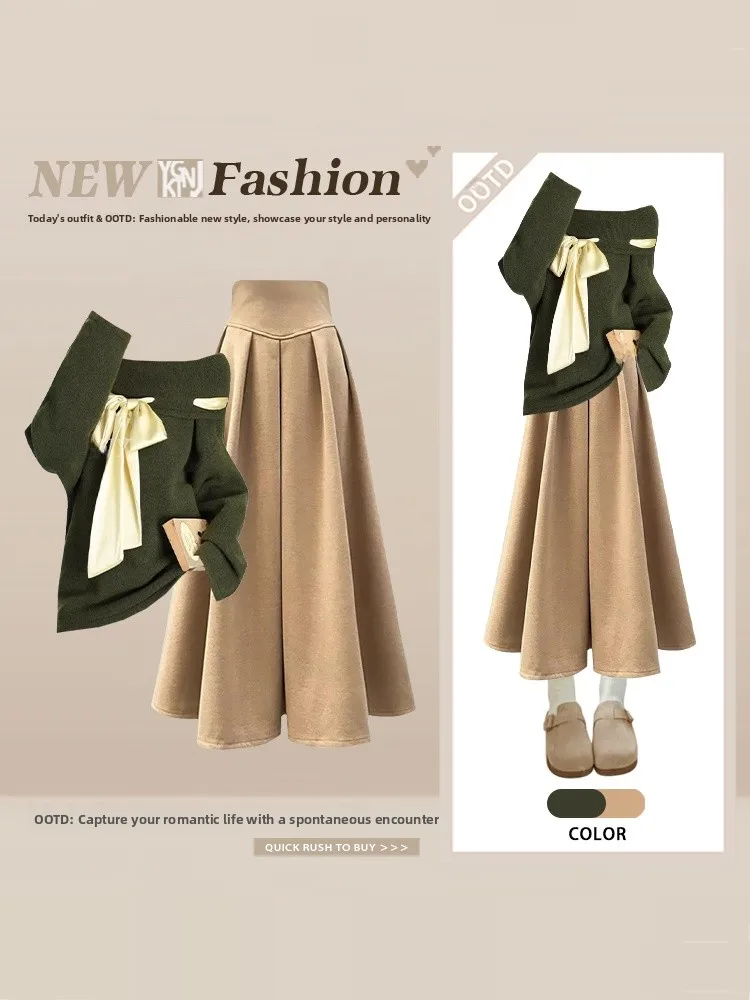 Zimowy sweter z dzianiny, zestaw spódnicy w kształcie litery A z jednym ramieniem, kobiecy, delikatny, modny, z wysokim stanem, spódnica midi, długi sweter, zakrywający pośladki...