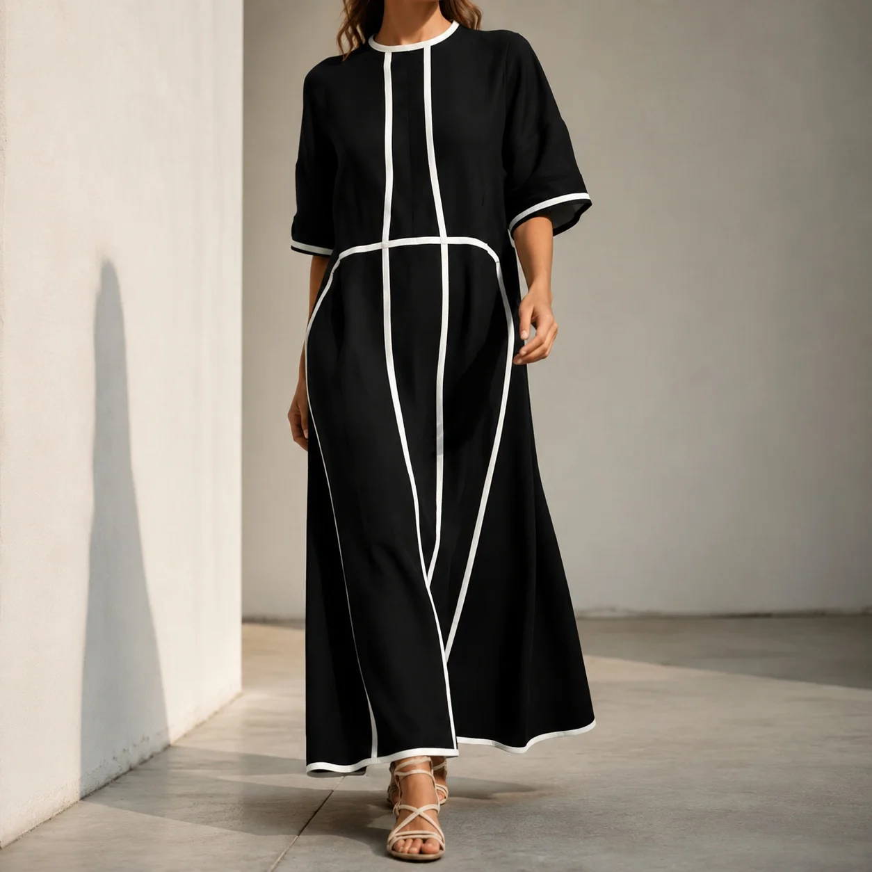 Loose Fit Round Neck Dress with Refined Commuter Elegant Regular Sleeve Midi Waist Zipper Front Straight Skirt Women Dress