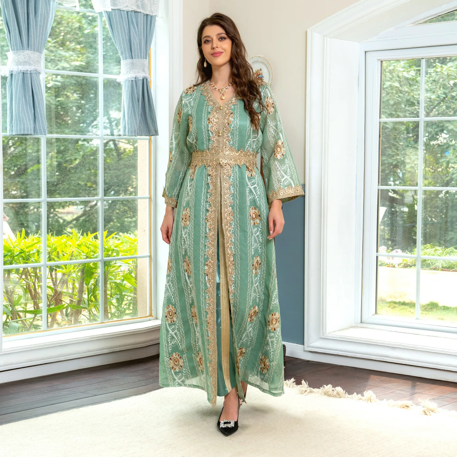 AB311 New Women's Long Muslim Dress Mesh Embroidery Spliced Satin Lining with Belt