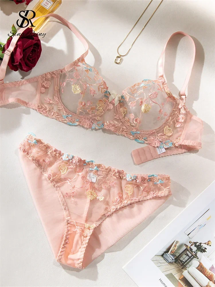 

SINGREINY Transparent Erotic Floral Bra&Brief Sets Ladies Bow Lace Slim Sleepwear Fashion Embroidery Women Sexy Underwear Suits