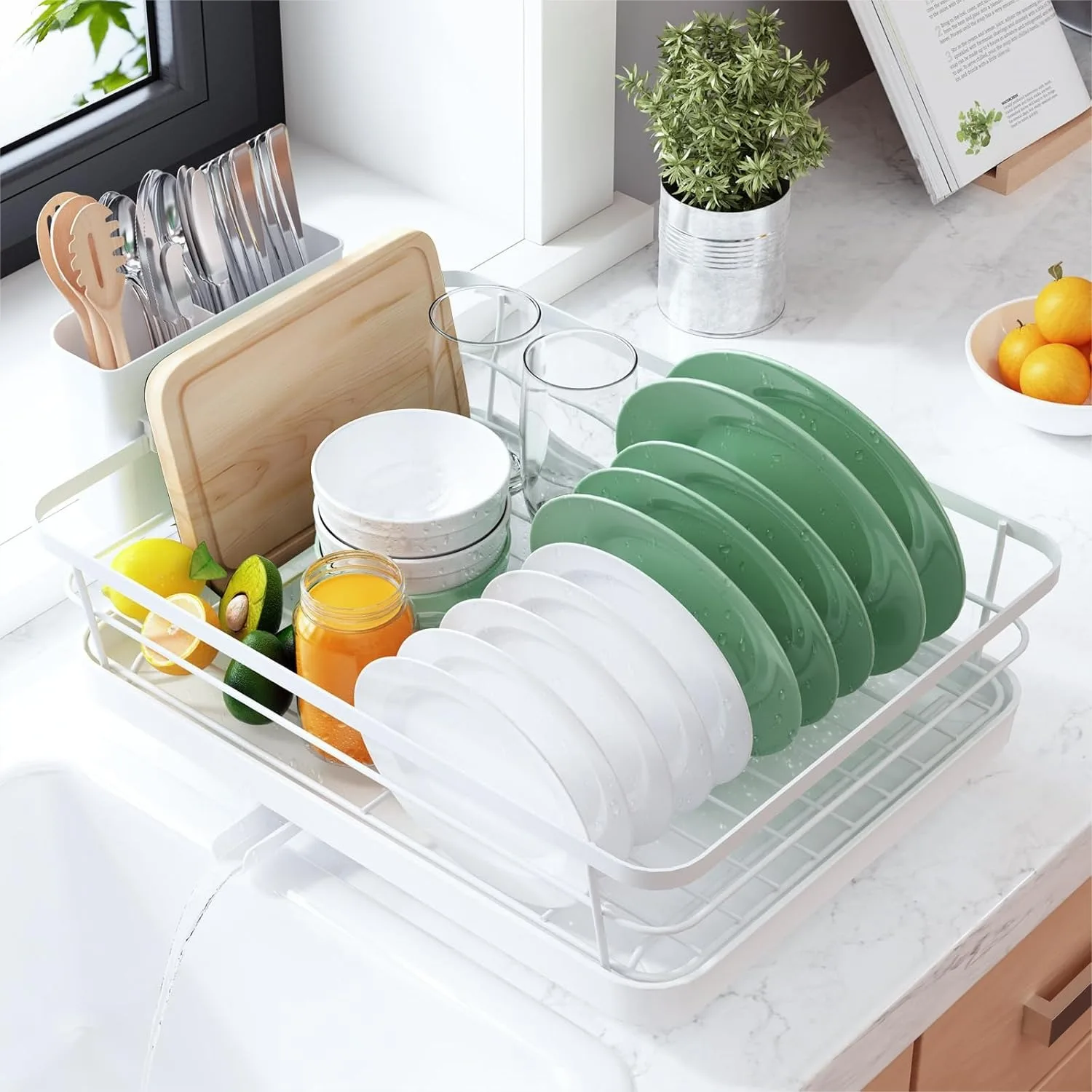 

Dish Drying Rack For Kitchen Counter Stainless Steel Sink Organization With Cutlery Holder 12''W X 15.5''L White