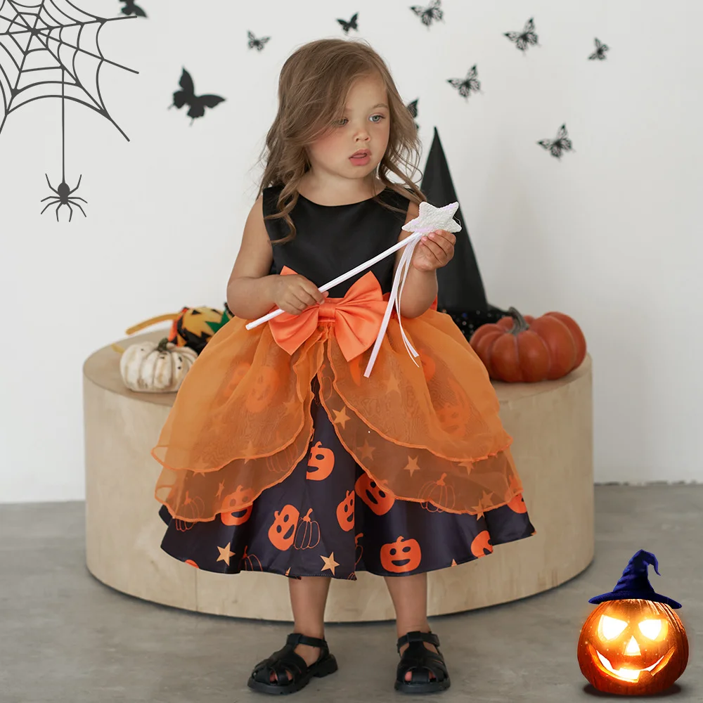 Vestido de princesa de calabaza para niña, disfraz de Halloween, fiesta, juego de bruja pequeña, actividad de jardín de infantes, rendimiento, nuevo