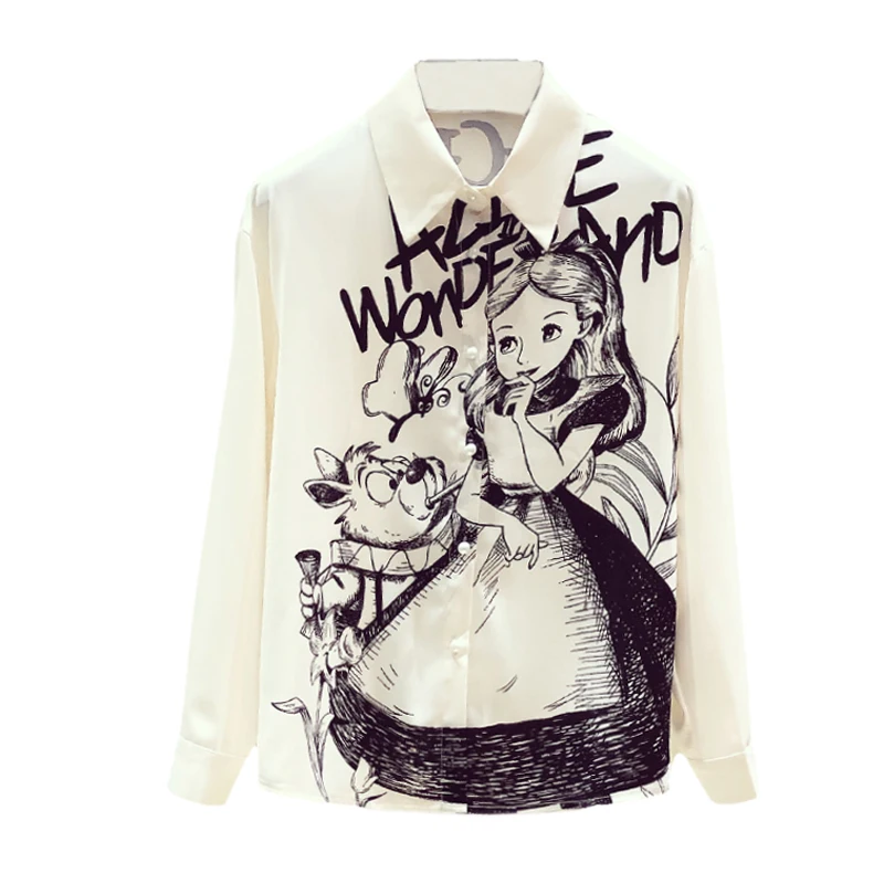 Cartoon Print Shirt Women Single Breasted Lapel Long Sleeve White Chiffon Shirts Asymmetrical Loose Womens Tops And Blouses