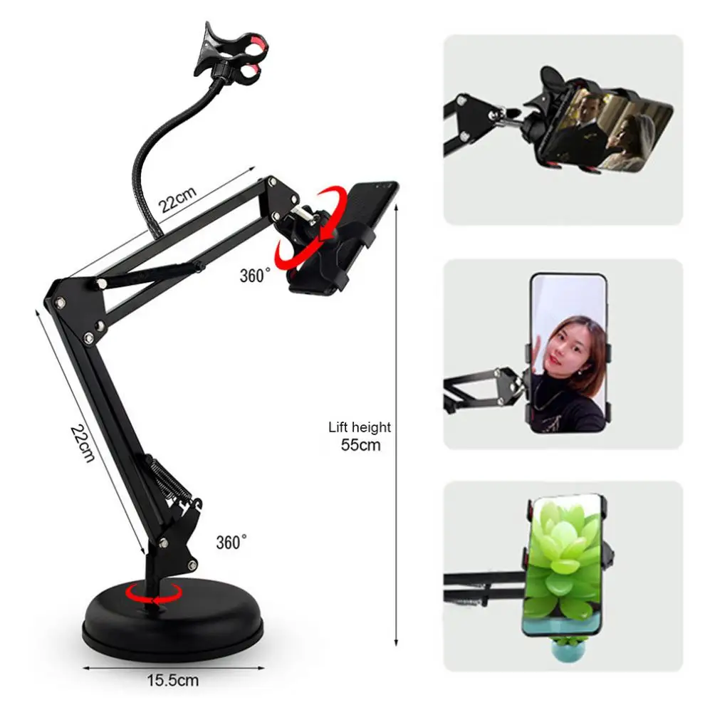 Mobile Phone Holder 360 Rotating Flexible Arms Double Clamp Clips Smartphone Desktop Metal Bracket Phone Stand Clamp Support