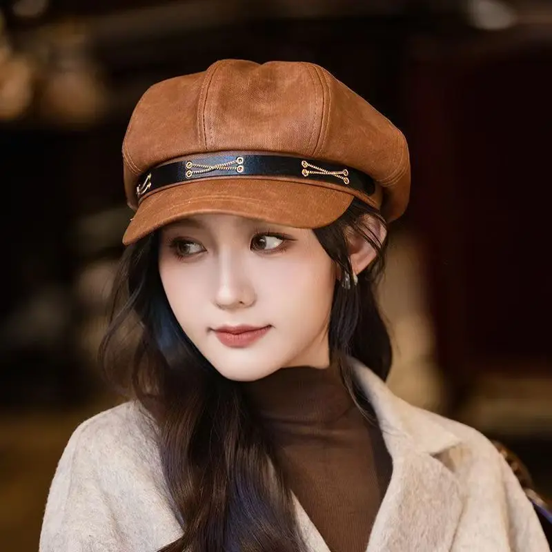 

Женский черный берет из искусственной кожи, зимняя винтажная восьмиугольная шляпа в британском стиле, кепка художника в стиле ретро для похудения и посадки на большую голову