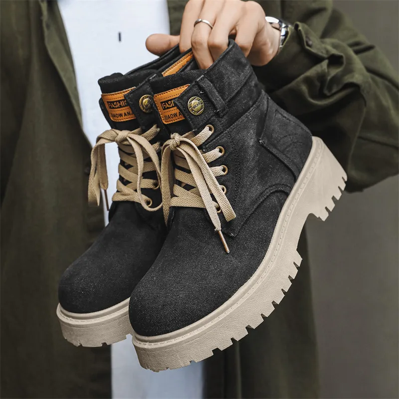 

New Autumn Men's Denim Boots Vintage Black High Boots Men Outdoor Streetwear Tooling Boots Men Casual Ankle Boots botas hombre