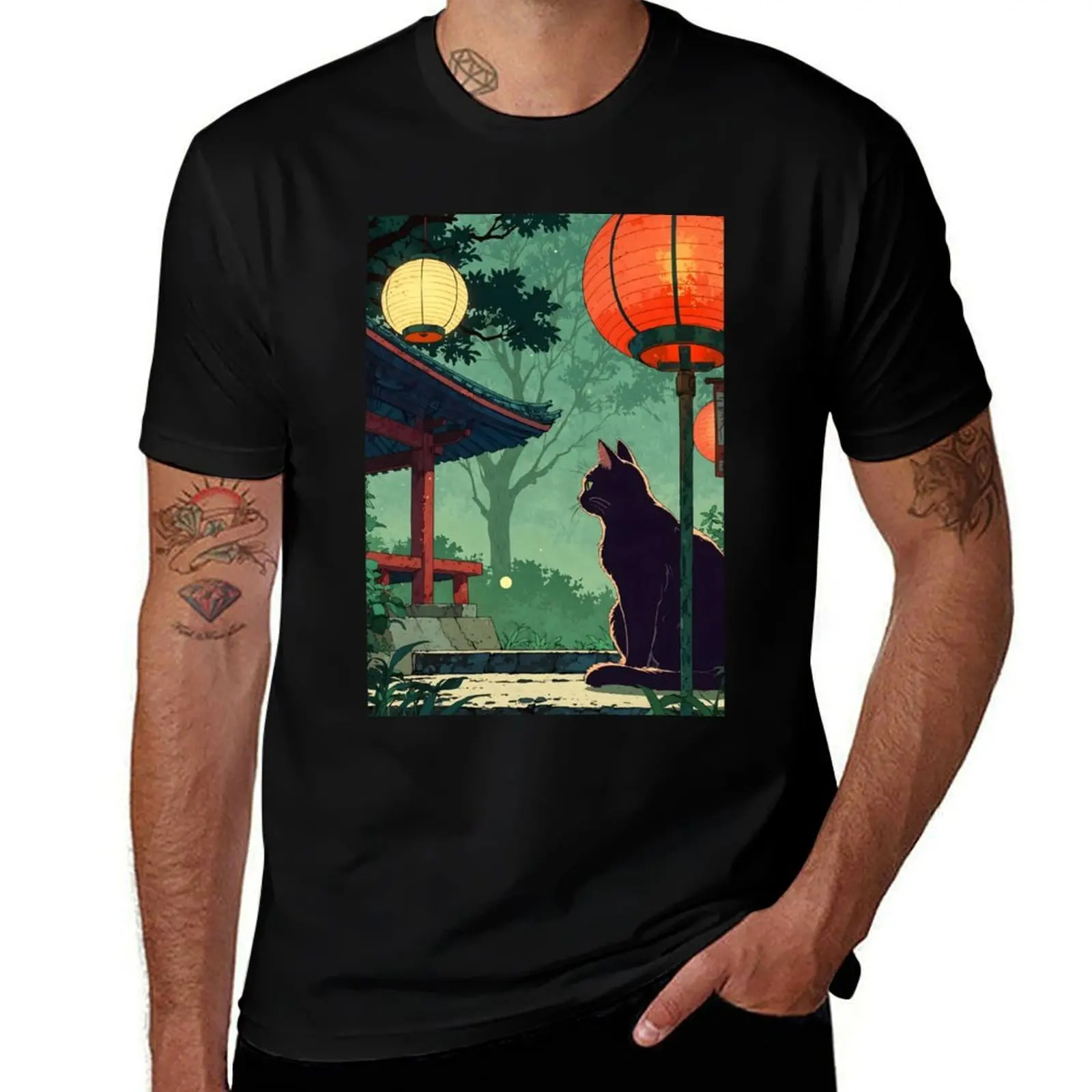 

Minimalist Japanese Cat & Lantern Design - Elegant Vector Art T-Shirt oversized graphic tee men t shirts high quality