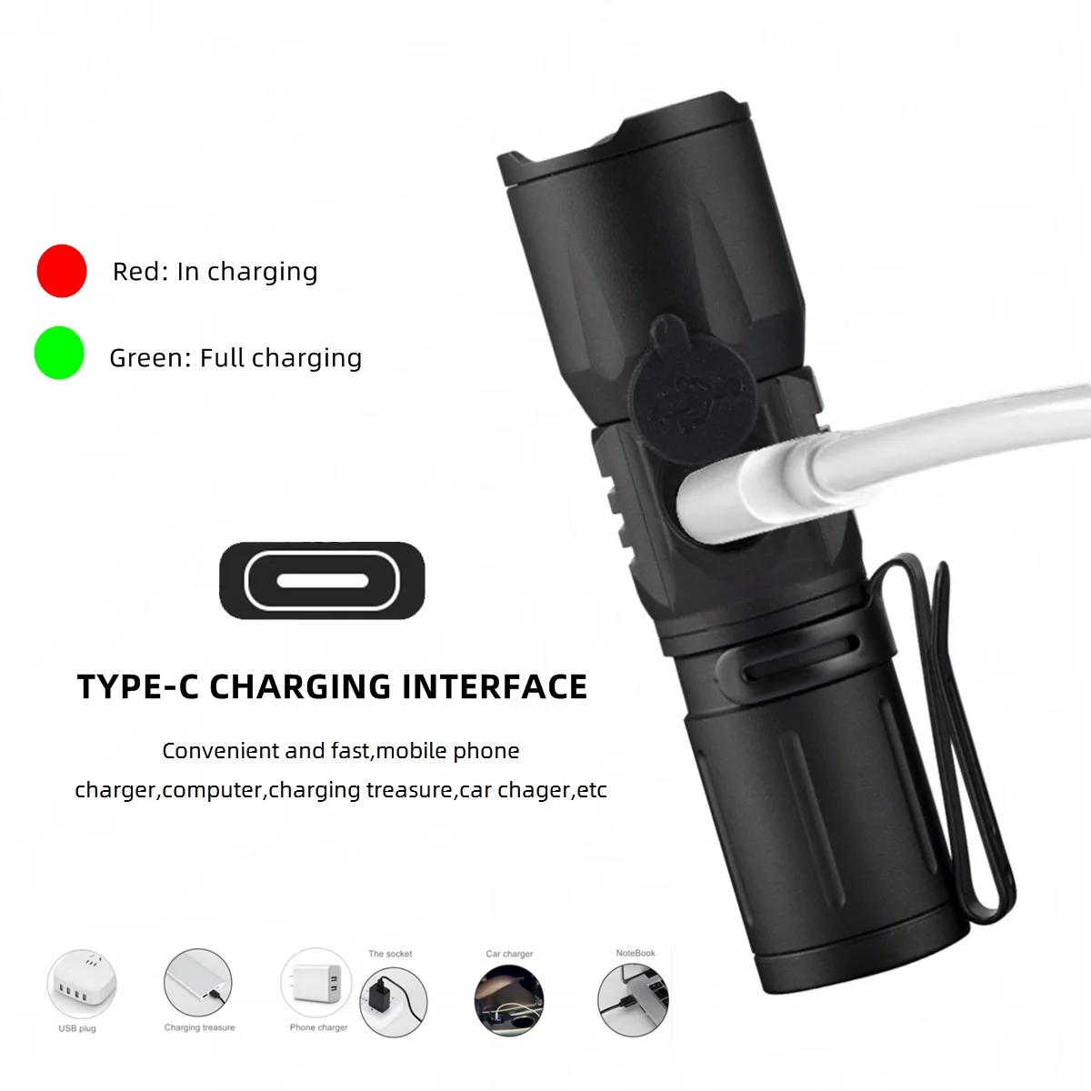 Zoom White Beam Light Langstrecken-Mini-Taschenlampe Typ C USB wiederaufladbare tragbare Taschenlampe für Zuhause und draußen, 16340-Akku – Detail 7