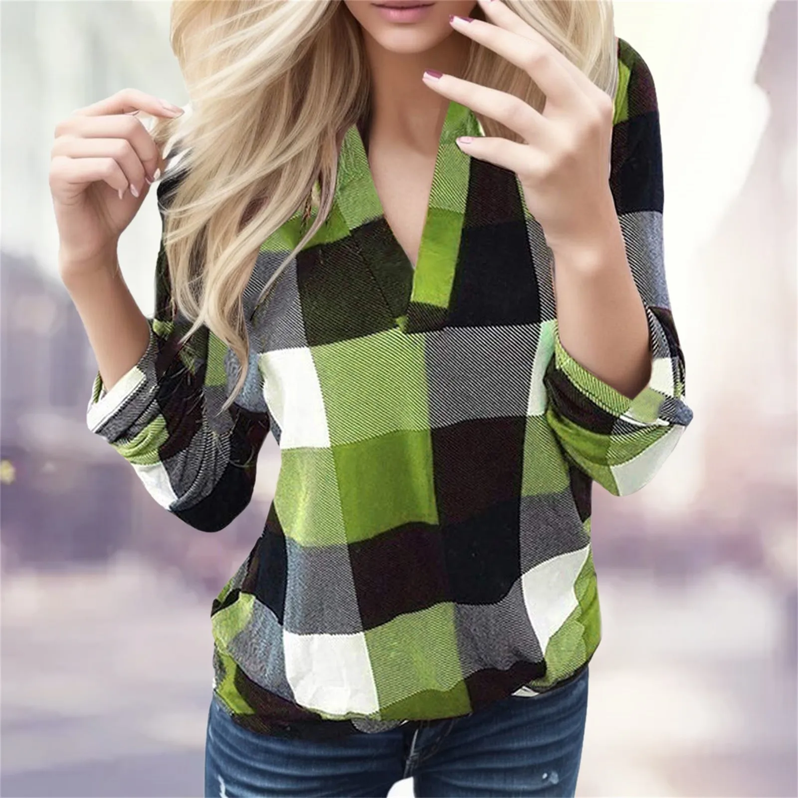 

2024 Fashion Women Plaid Blouse V-neck Women Casual Cotton Long Sleeve Plaid Shirt Women's Slim Jacket Top Plus Size Poullover