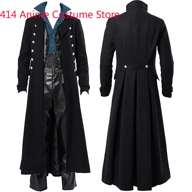 

2024 Vintage Medieval Costumes Trench Steampunk Gothic Black Long Jacket Vampire Cosplay Pirate Halloween Outfit Men Trenchcoat