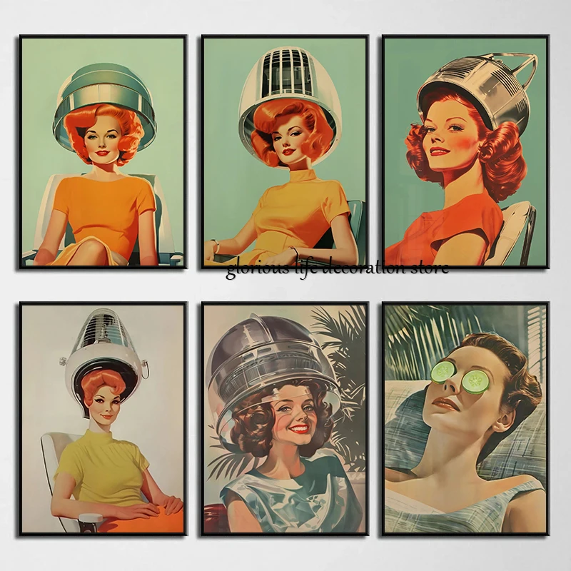 Hair & Beauty Salon Print Hairdresser Wall Art Poster Retro Funny 50s Housewife Haircut Canvas Painting Barber Shop Decoration