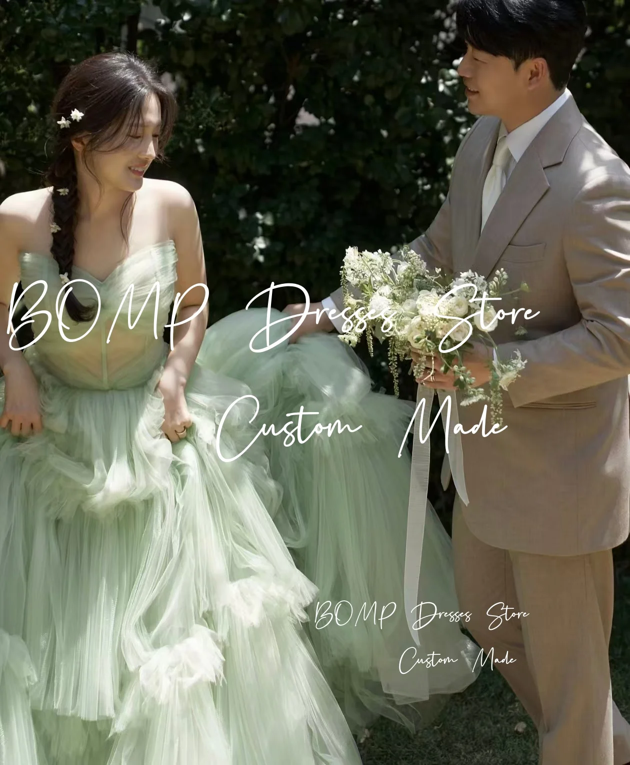 BOMP Fata Verde Abito da cerimonia nuziale Sweetheart Drappeggiato Sweep Train A-Line Tulle Corea Servizio fotografico Abito da sposa Personalizzato Dende