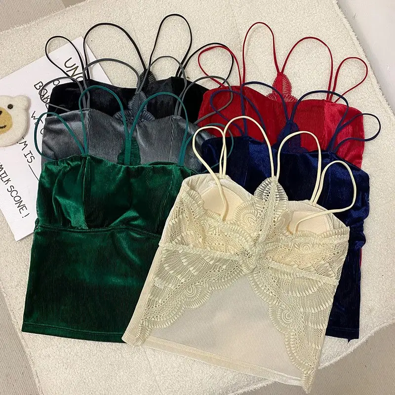 Velvet with Chest Pads Small Camisole Women Early Autumn Beauty Outside Bottoming Babes Unique Chic Small Tops